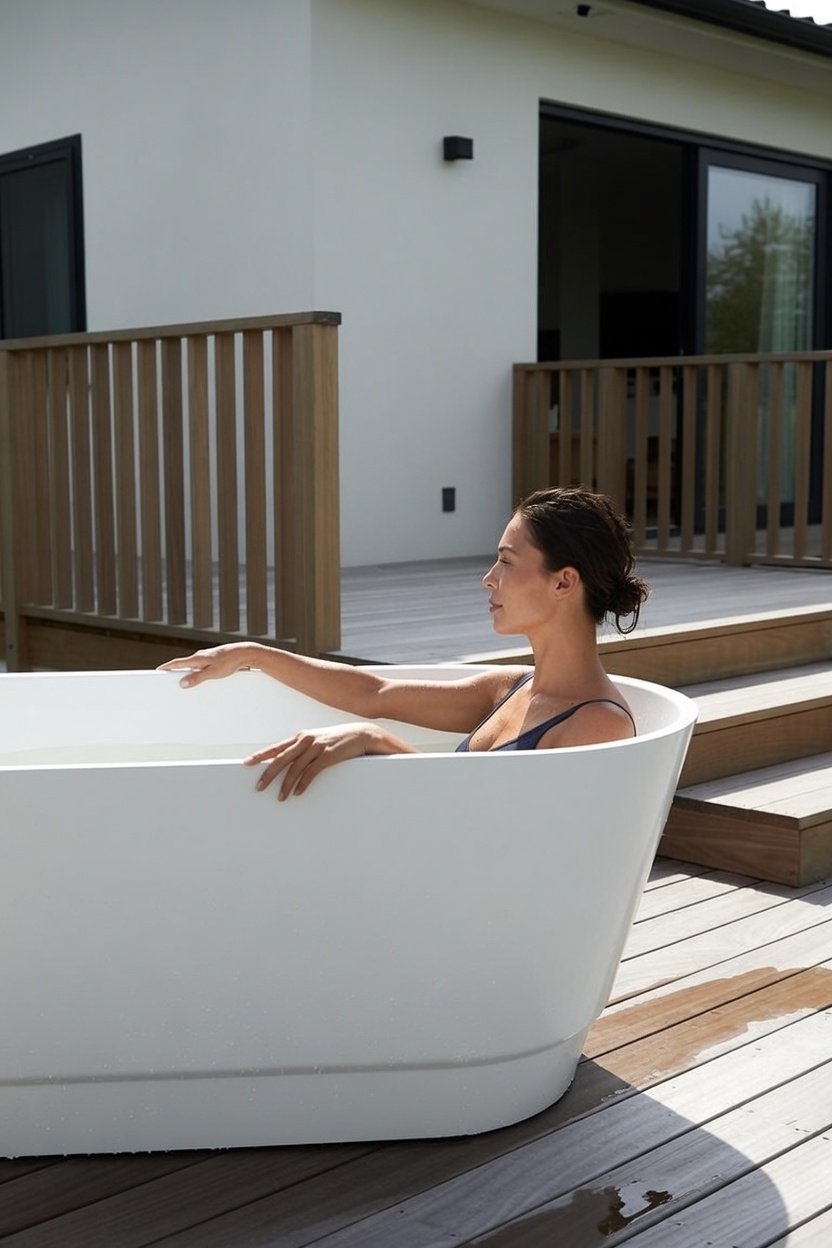 MANTA 170 Blanco — cold plunge horizontal en terraza, acabado blanco premium